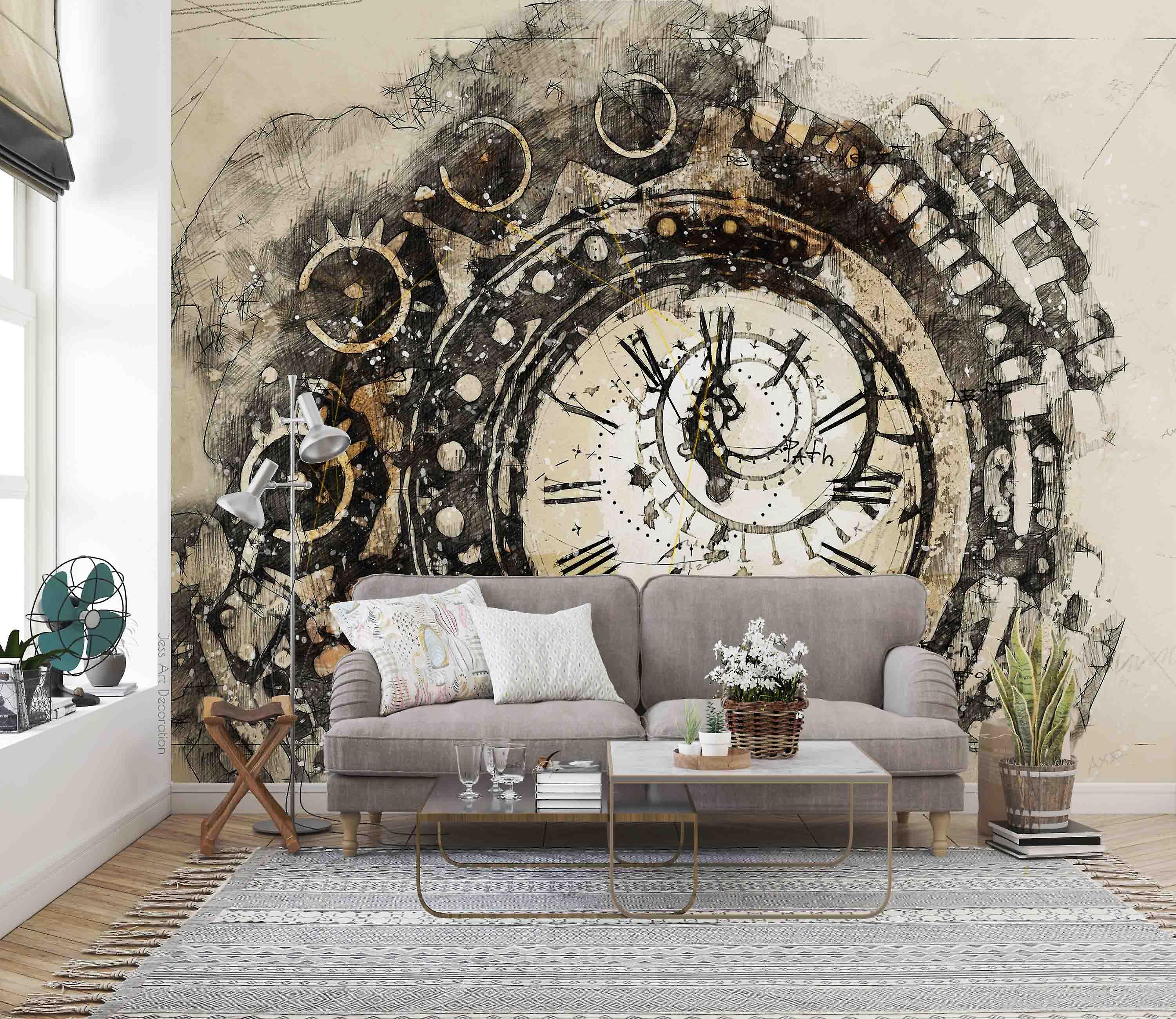 3D Hand Draw Retro Clock Wall Mural Wallpaper Sww 155