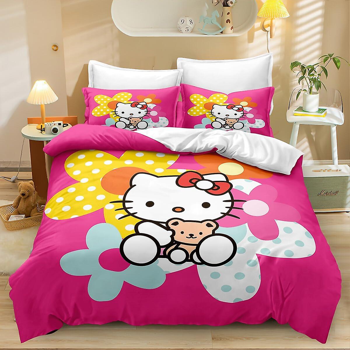 3 Piece 3d Kitty Flowers Tryckt Microfiber Sängkläder Set med Örngott, Gåvor För Pojkar Flickor Sovrum, 1 Påslakan Med 2 Örngott Twin