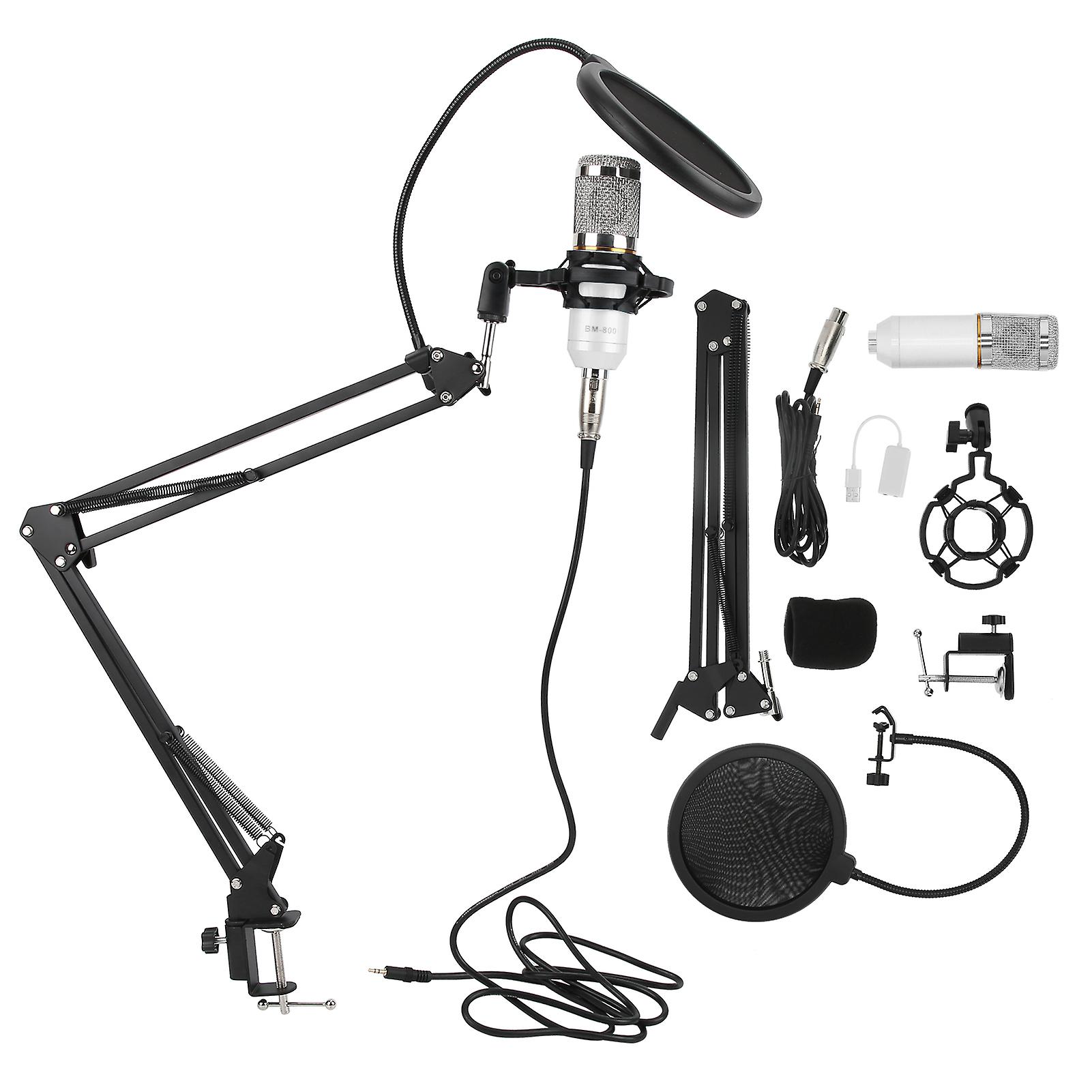 Kit microphone à condensateur USB avec bras flexible BM800 pour ordinateur de bureau, ordinateur portable (blanc argenté)