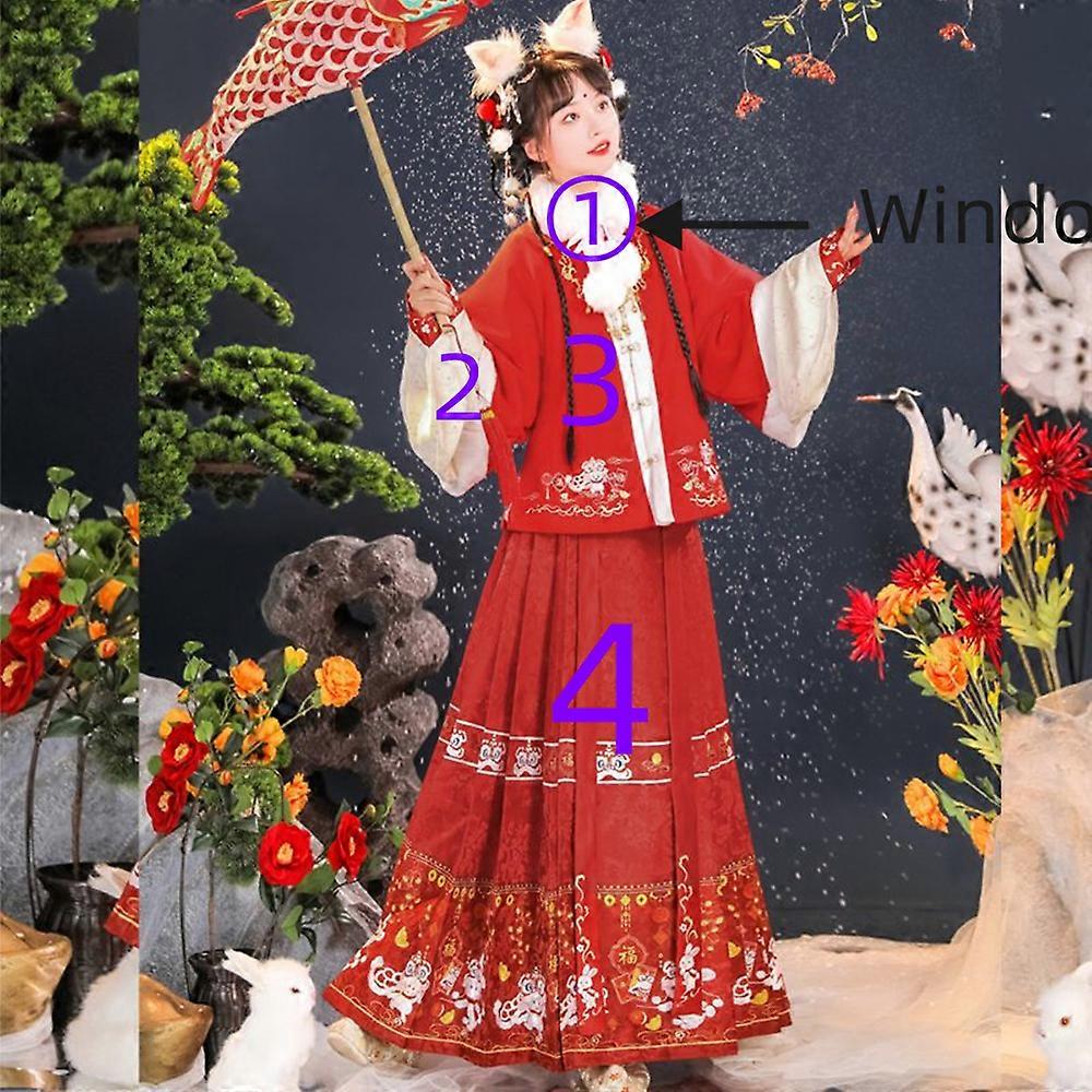 Vinter Hanfu Ming-dynastin 2023 Nyår Square Krage Sammet Ma Mian Kjol Kanin Broderad Han Kläder för kvinnor Röd Han Fu Röd 4st