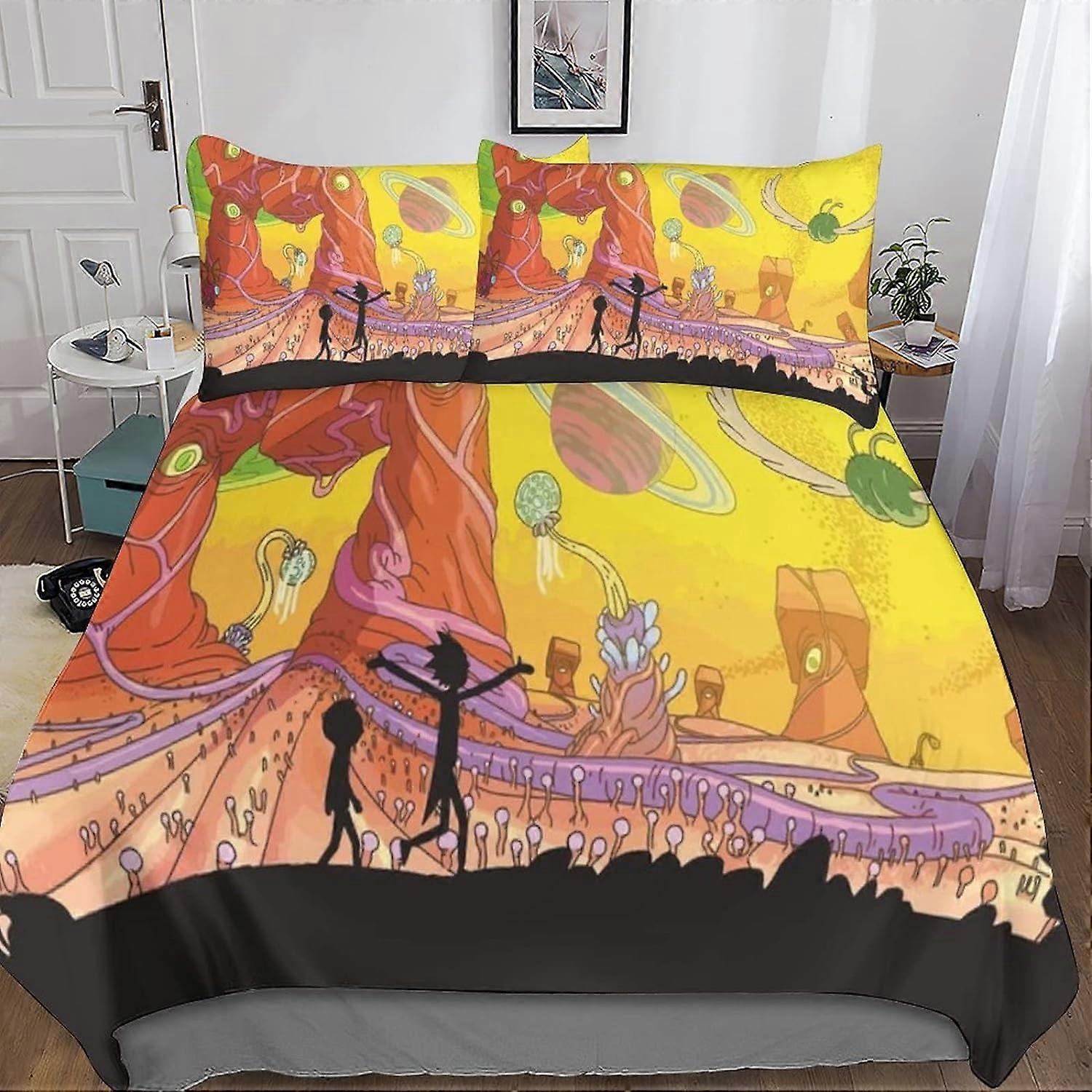 Microfiber Rick and Morty Bedding Set D with Duvet Cover + Pillowcase Rick and Morty Bedding Set Pieces with Zipper for Adults and Children 135*200 CM
