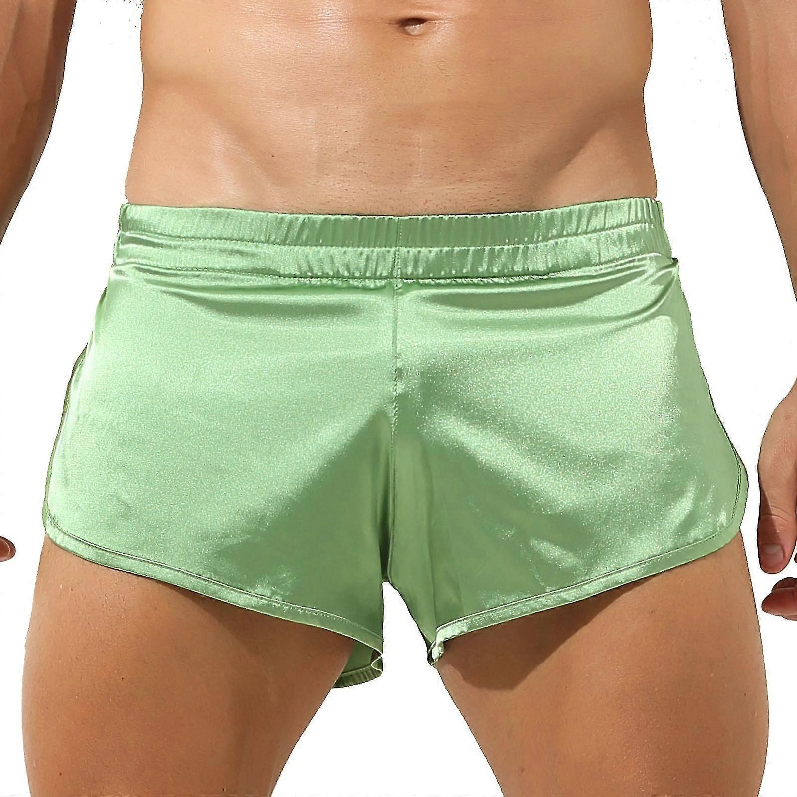 Mens Soft Shiny Satin Underkläder Kalsonger Enfärgad Sida Split Underkläder Låg Elastisk Midja Boxers Shorts Loungewear