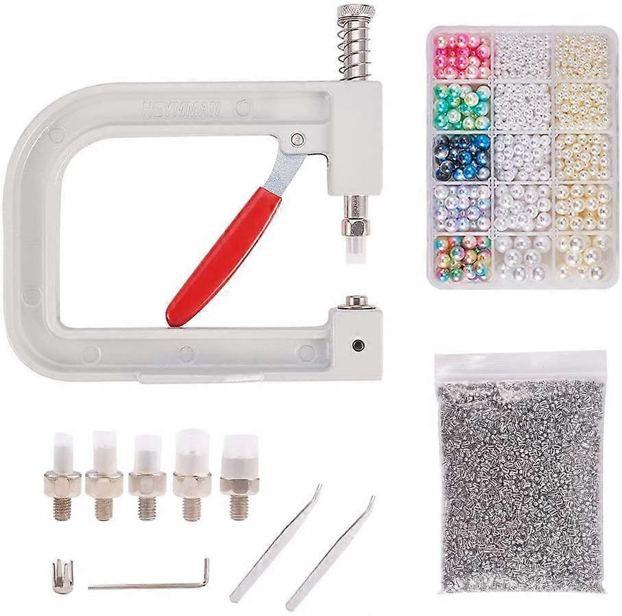 Pearl Setting Machine Tools Beads Rivet Fixing Machine with 1250pcs 5 Size Imitation Pearl Acrylic Beads Pearl Rivet Buttons and Tweezers for Hats Sho