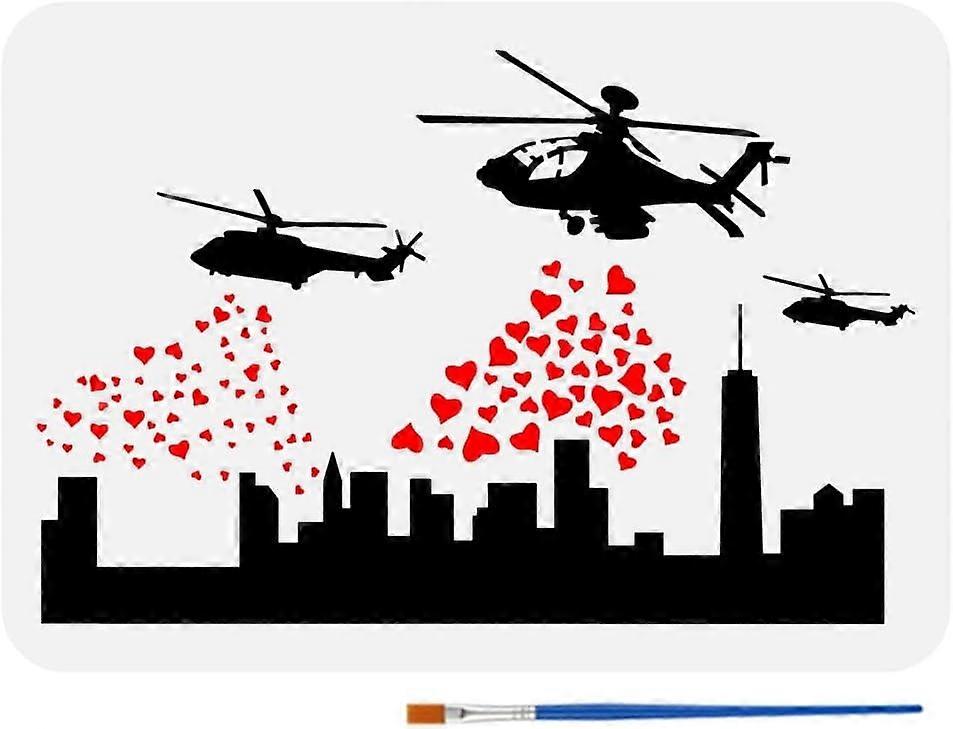 Banksy Helicopters and Hearts Painting Stencil with Plastic Paint Brush 8.3x11.7" Reusable Helicopters Pattern Template Banksy Theme Stencil