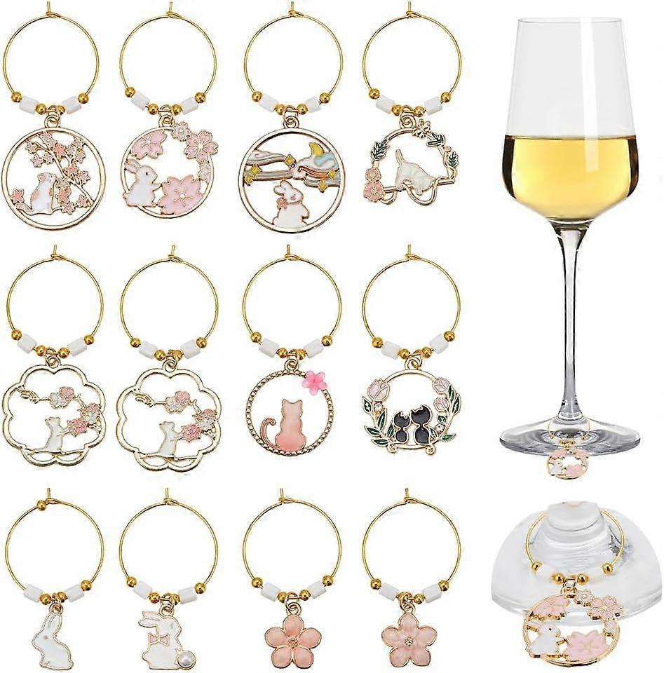 24 Pcs 12 Styles Easter Wine Charms Alloy Enamel Wine Glass Charms Rings Rabbit Cat Flower Drink Markers Tags Identifiers for Wine Tasting Party Chris