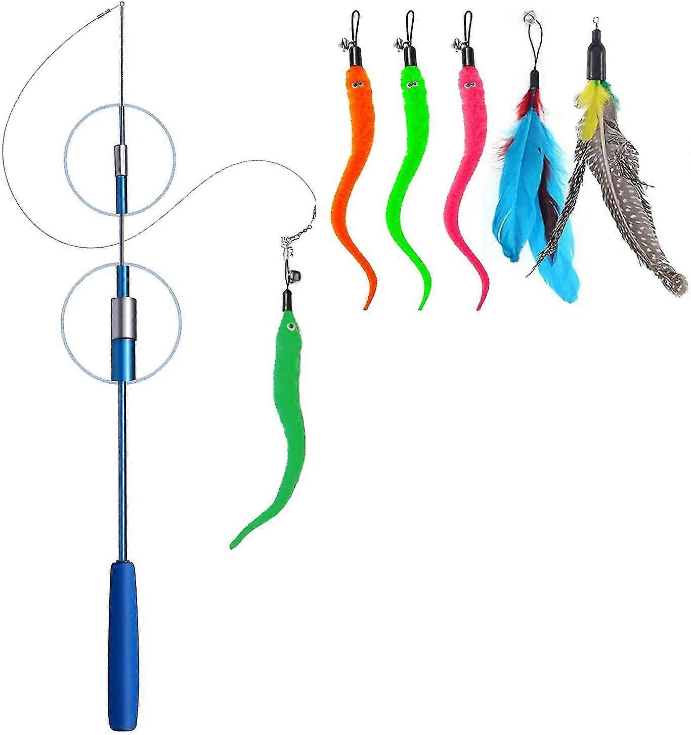 Feather Toy For Cats, Interactive Retractable Fishing Rod Cat Toy With 1 Stick Magic Wand + 5 Spare Worms For Cats And Kittens