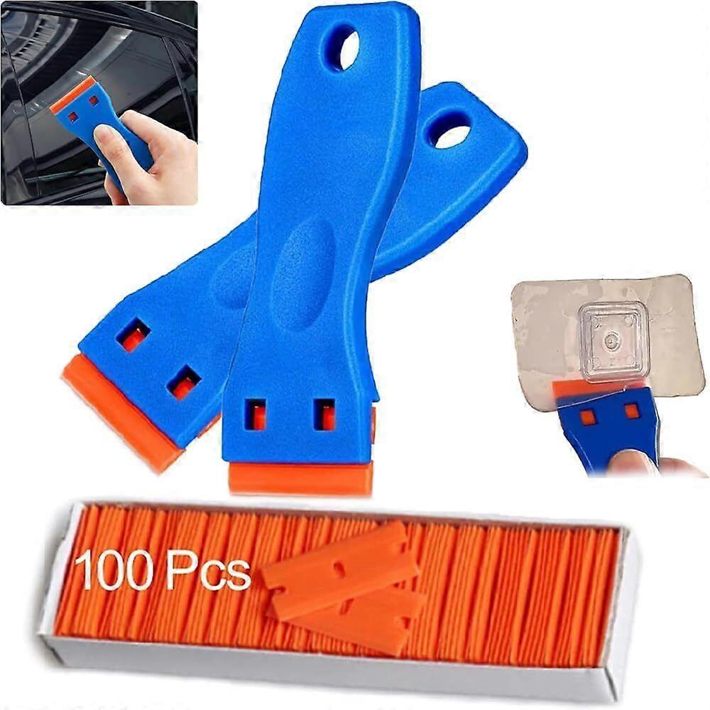 50% aanbieding-multifunctionele lijmverwijderingsschop, 2 stuks plastic scheermesschraper met 100 stuks dubbelzijdige plastic messen Plastic schrapergereedschap