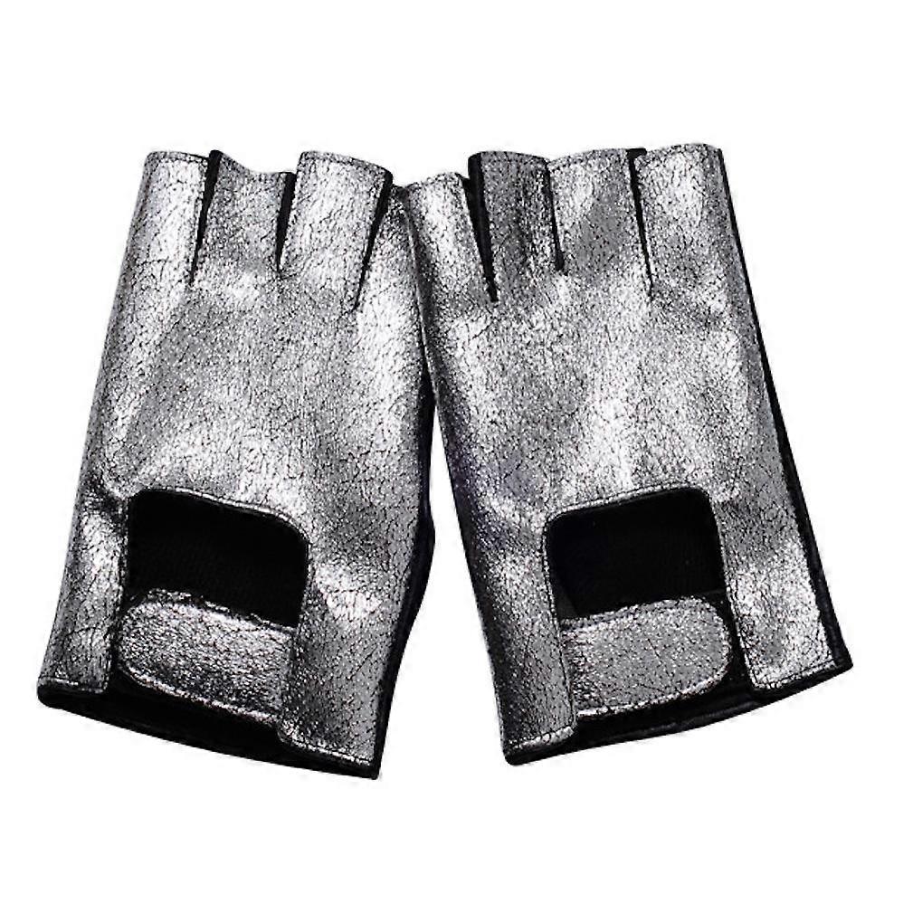 Men Short Gloves Night Club Elastic Half Finger Shiny Gloves Silver