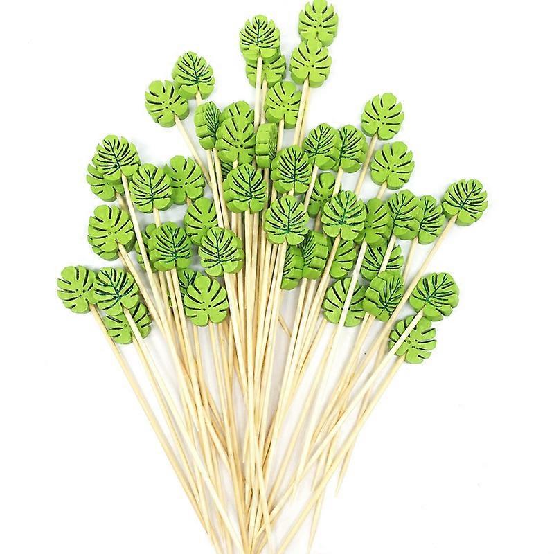200Pc Bamboo Pick Buffet Tropical Leaves Cupcake Fruit Fork Dessert Salad Stick Cocktail Skewer for Party Decor