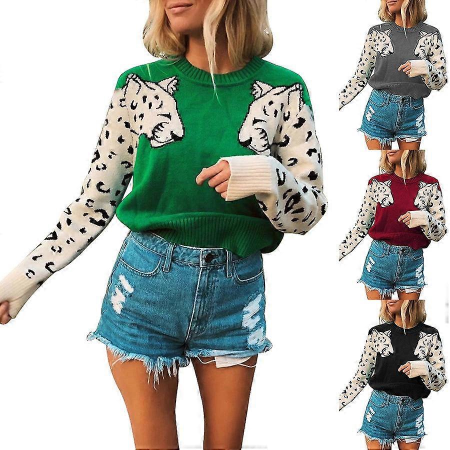 Women's Leopard Printed Sweaters Patchwork Knitted Sweater Pullover