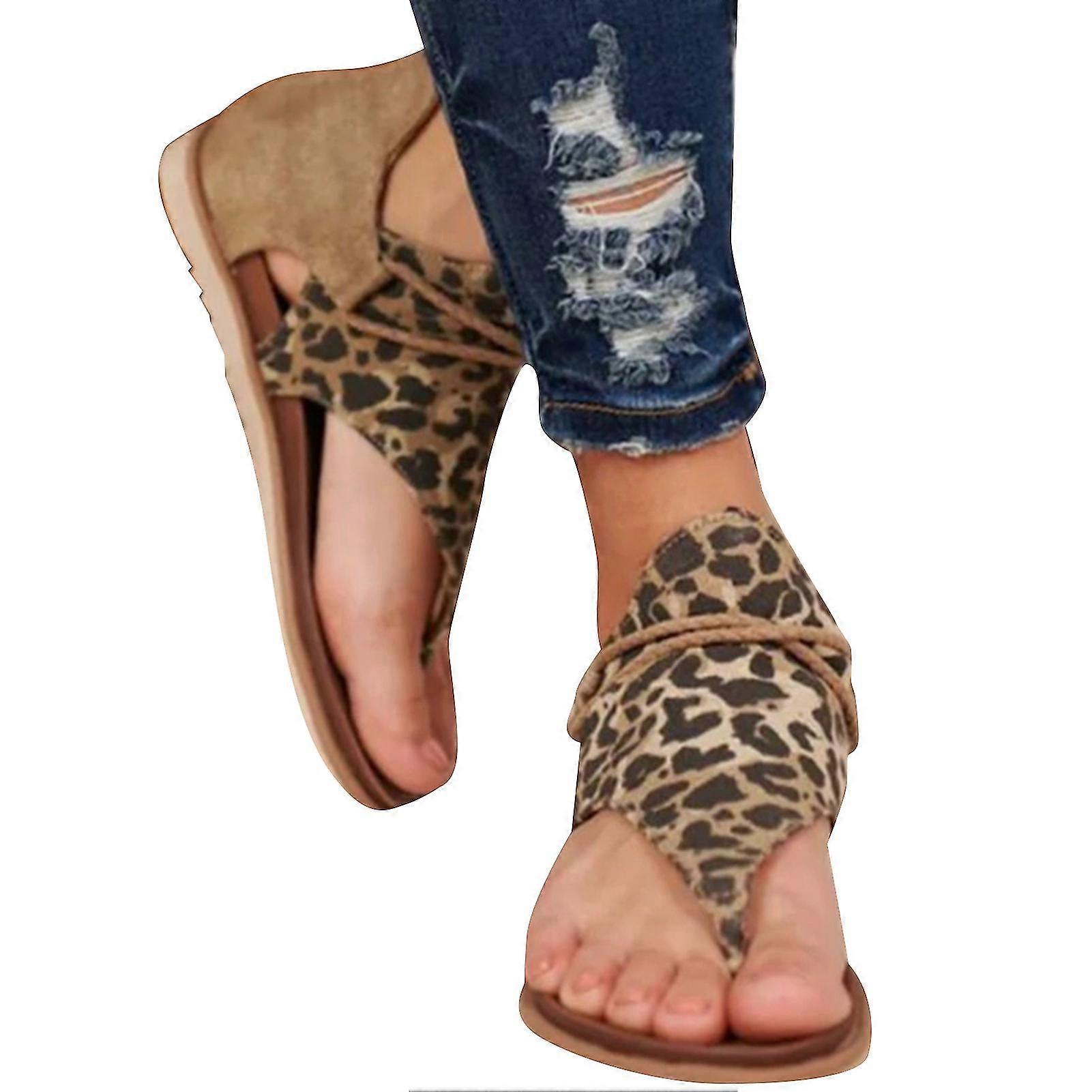 Women's Leopard Print Flats Sandals Summer Casual Beach Open-toe Back Zipper T-strap