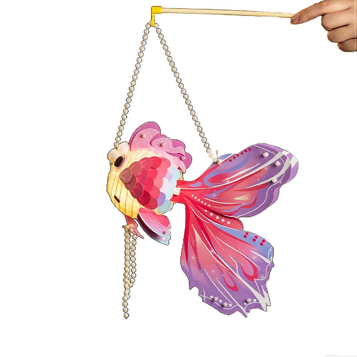 1 Set Goldfish Paper Lantern with Pole Battery Operated DIY Handmade Chinese New Year Mid-Autumn