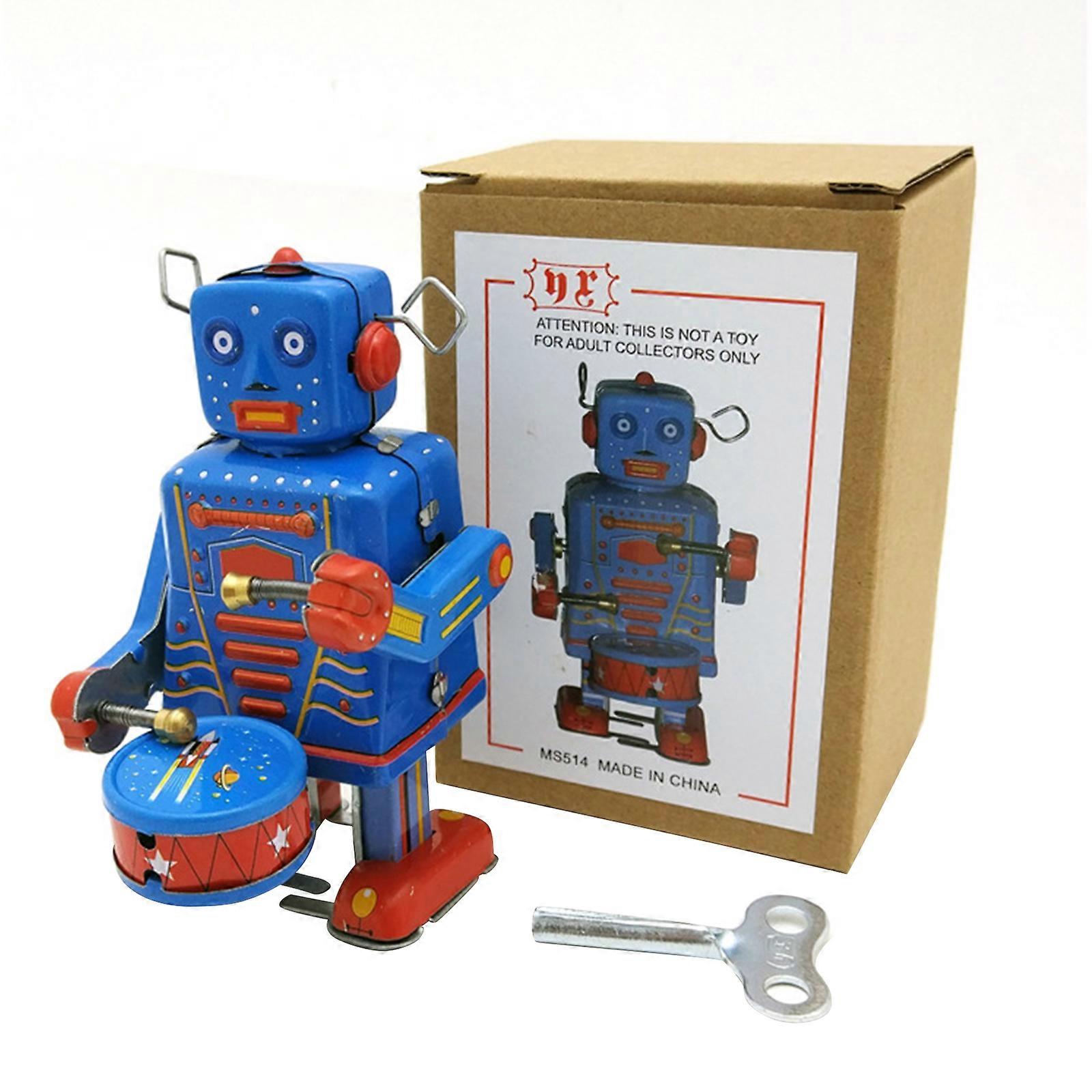 Antic Vintage 80s Clockwork Tin Robot - Wind Up Drumming Jucărie