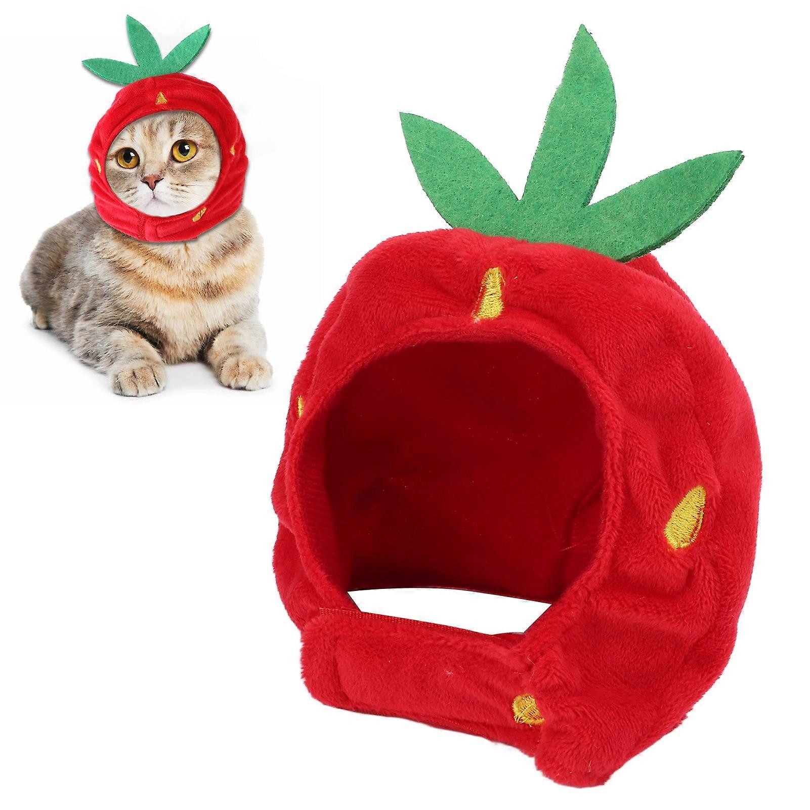 Cat Strawberry Hat Adjustable Plush Pet Headgear 30-35cm Neck