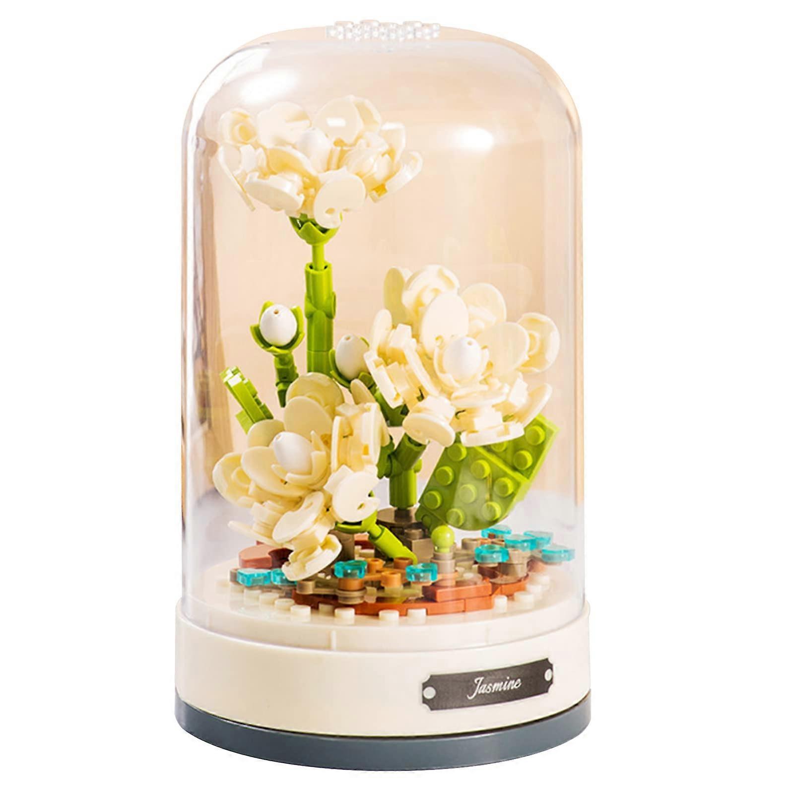 Building Blocks Flower Bouquet Set With Music Box, Dust-Proof Dome And Simulated Flowers For Home Decor (White Jasmine)
