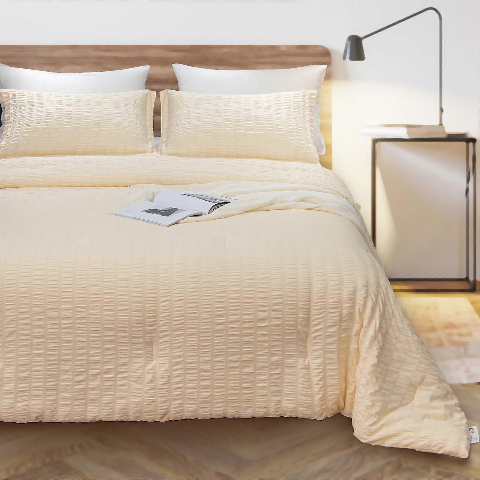 Breathable Comforter Set Queen Size All Seasons Quilt With Raised Small Bubble Texture 2 Pillowcases Beige 90x90