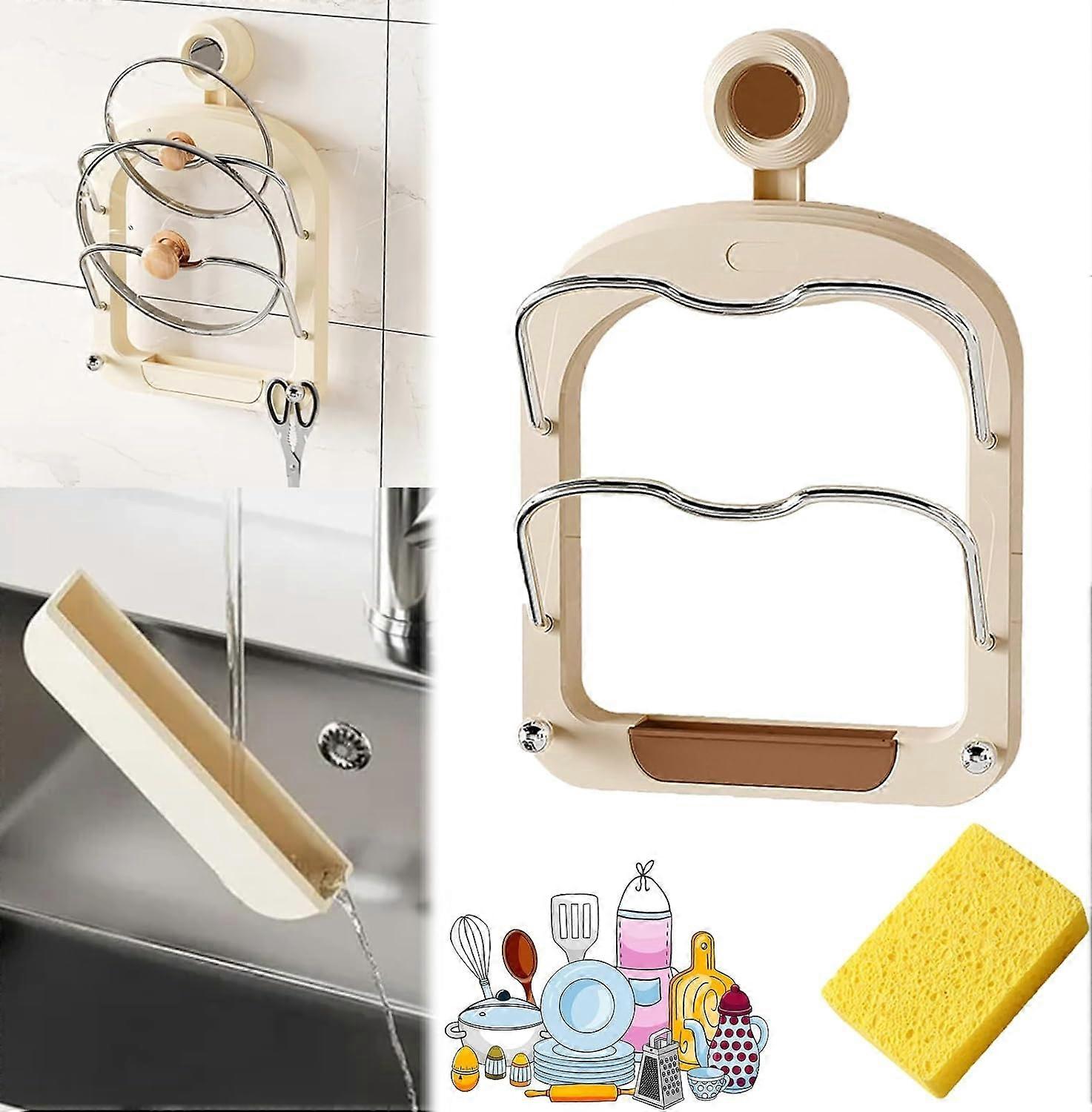 Pot Lid Holder Organizer Rack, Wall Mounted Suction Cup Storage for Pan Lids & Bakeware, Brown Kitchen Countertop Storage Solution