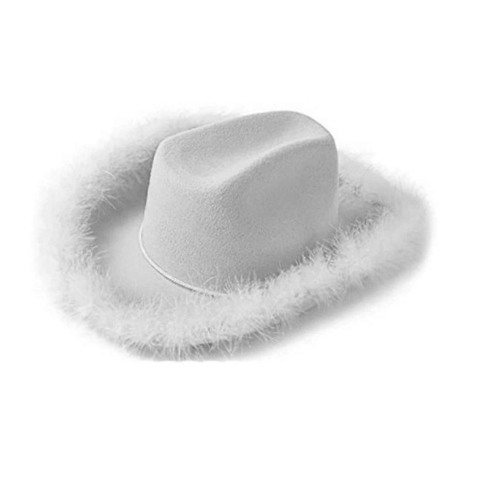 Pink Cowgirl Hat With Feather Boa Fluffy Feather Brim Adult Size Cowboy Hat For Bachelorette Costume Party-r