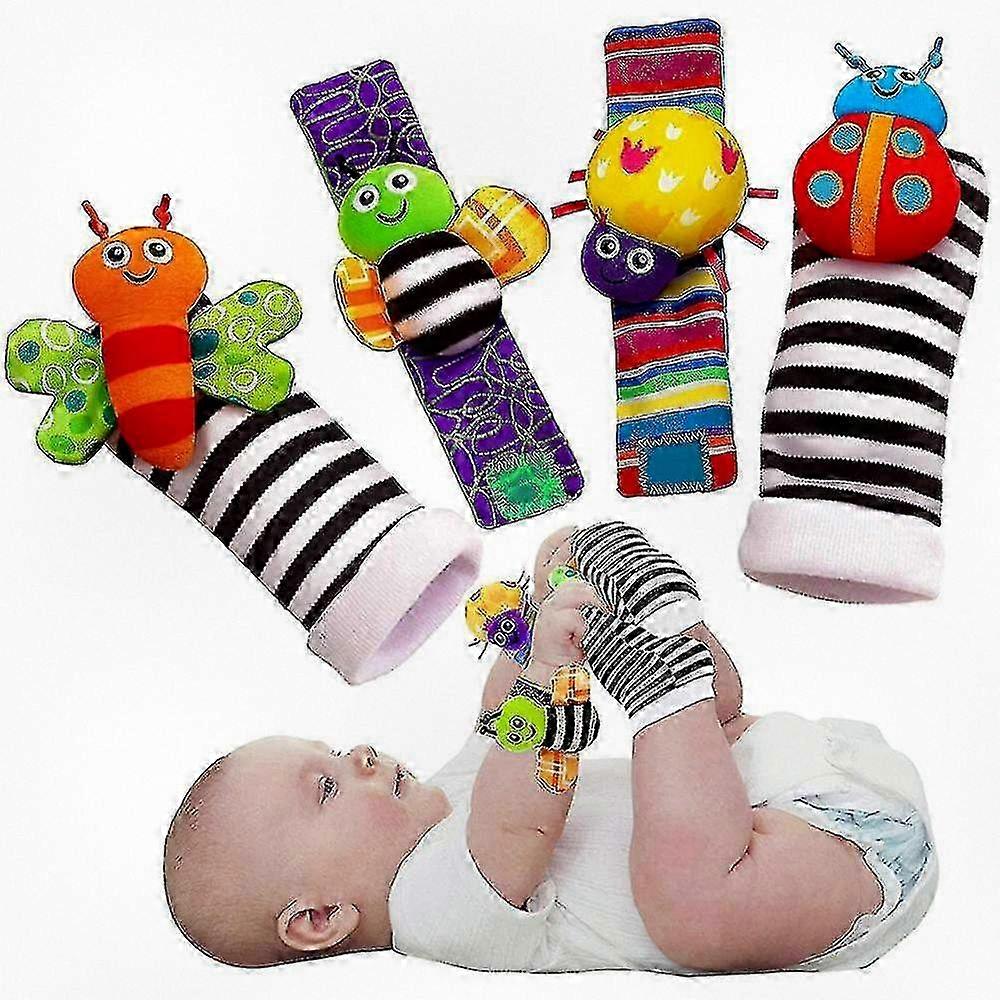 4 stk myke babyskranglesokker med håndleddsstropper, gripeleker for tidlig læring for nyfødte, utviklingssensorisk gavesett