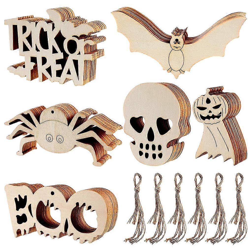 60pcs Halloween tranche en bois chauve-souris araignée fantôme blanc suspendu Tags bricolage pendentif