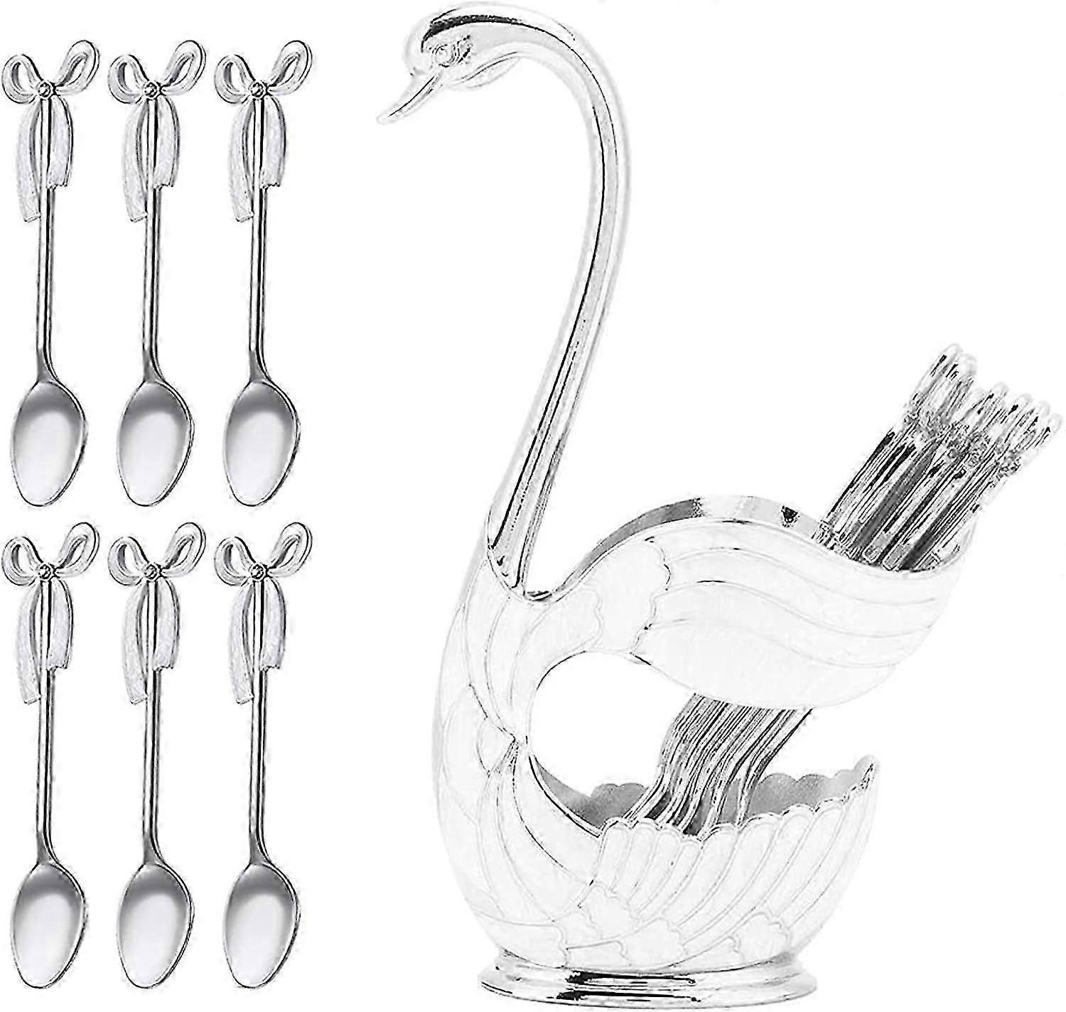 Set di cucchiai in metallo con supporto per cigno, posate da 6 pezzi per caffè e dessert, argento