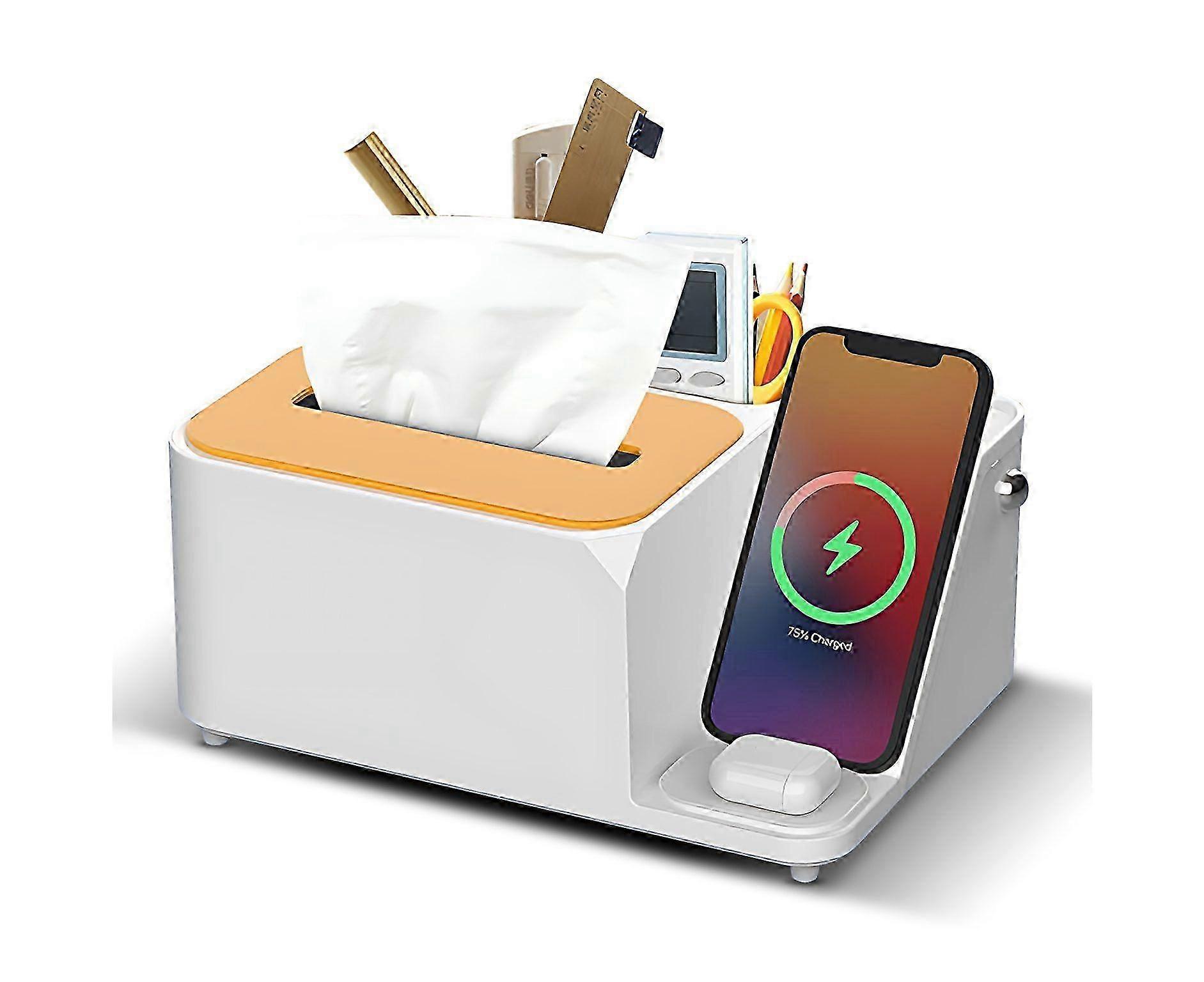 3-in-1 Desk Organizer with Wireless Charging, Tissue Box Holder & Storage - Efficient Workspace Solution