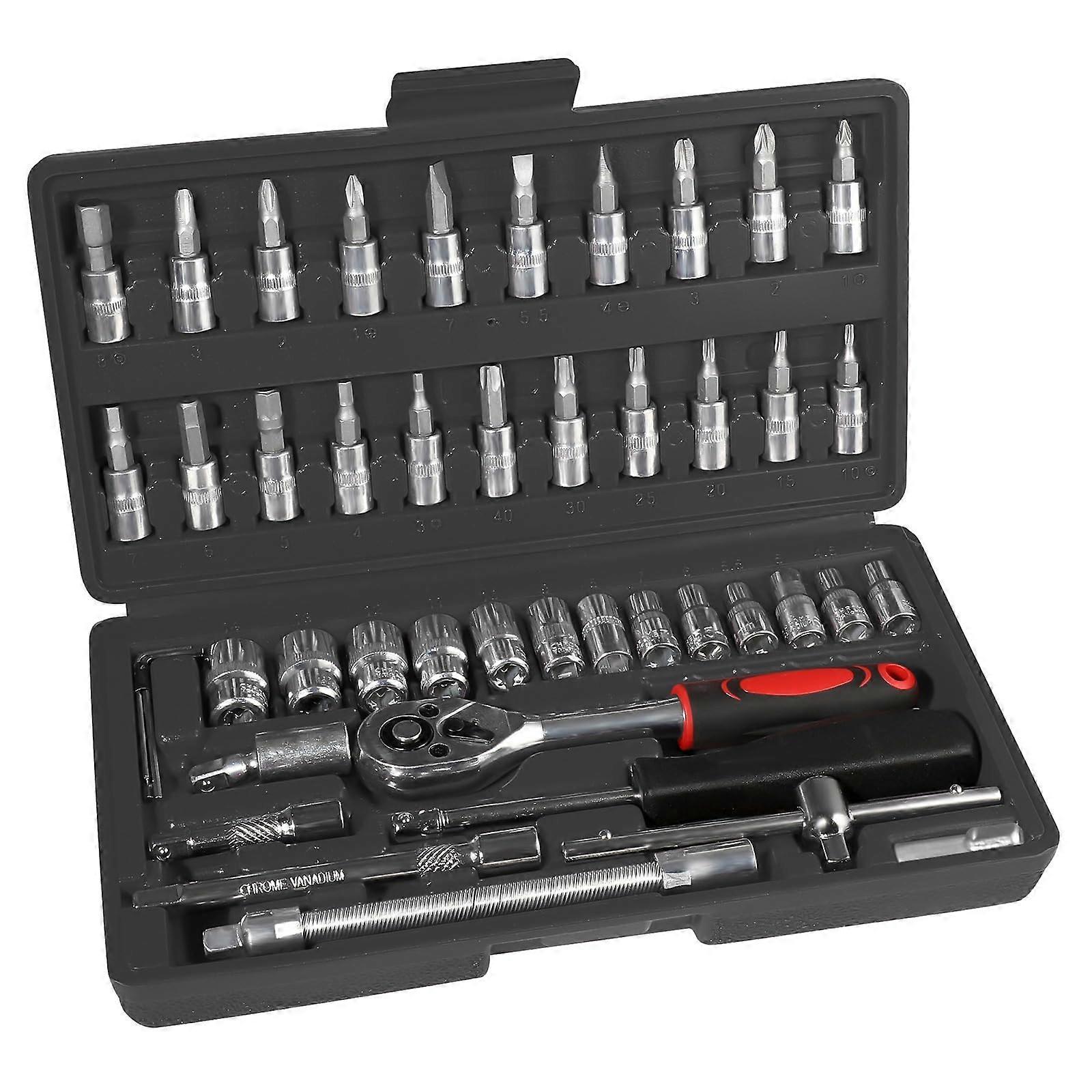 46 Piece Socket Spanner Set, Ratchet Box for Car, with 1/4 Inch Reversible Ratchet, Ratchet, Socket Spanner Bit Set, Socket Spanner Inserts, Tool Case