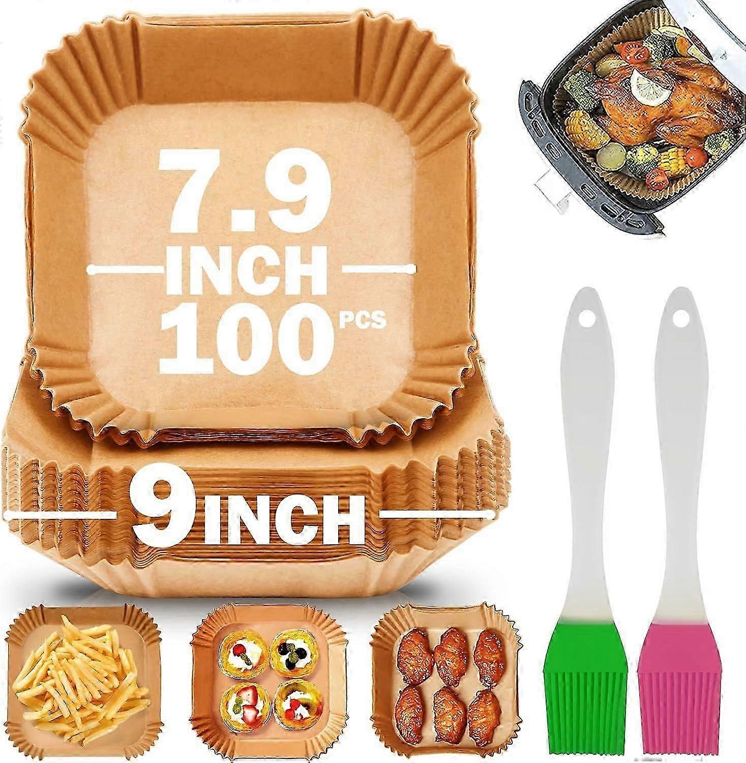 100 Pcs Air Fryer Liners Disposable with 2 Silicone Brushes - Greaseproof Baking