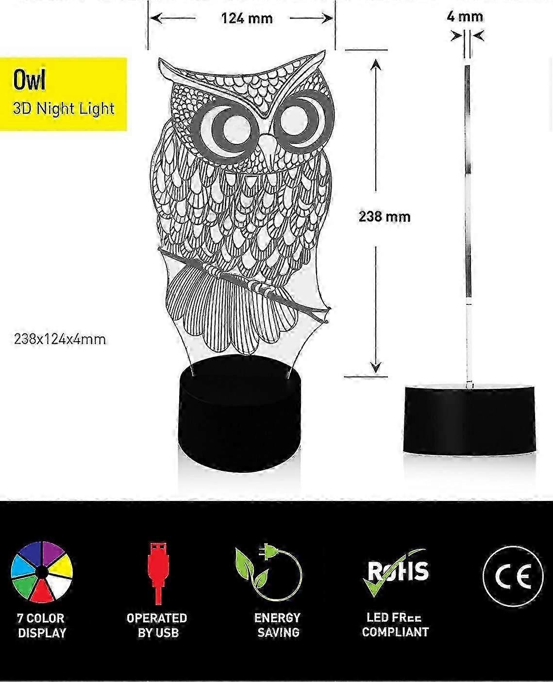 3D Optical Illusion Owl Night Light Table Lamp for Kids, USB Touch Switch 7 Color Changing Bedroom Decor Gift