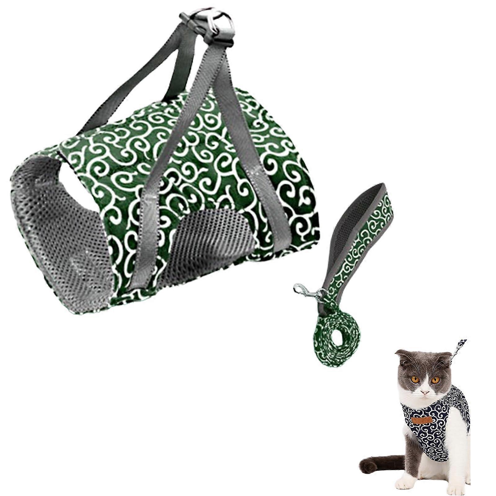 Cat Harness Adjustable Soft Mesh Walking Vest With Leash Anti Break Away Chest Strap Green Size L Chest 44-48 Cm