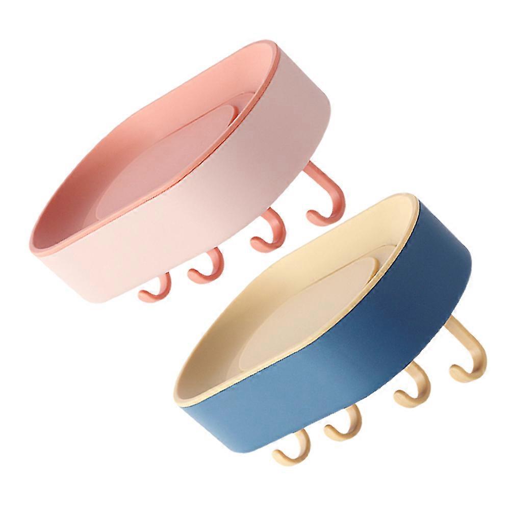 Bathroom Accessories Soap Dish with 4 Hooks for Storage Use Plastic Assorted Color 2 Pieces