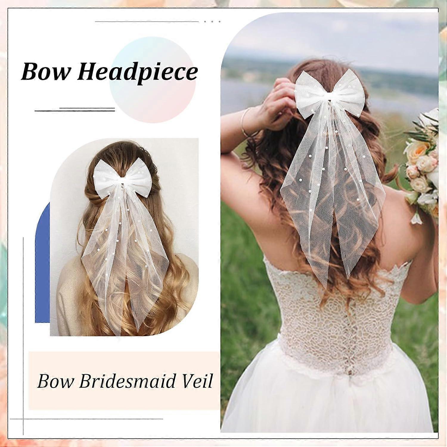 ?Women White Tulle Pearl 2 Tier Bow Veil Engagement Hair Accessory White Hair Bow Bachelorette Veil with Pearl Bride Hair Clip  main image 4