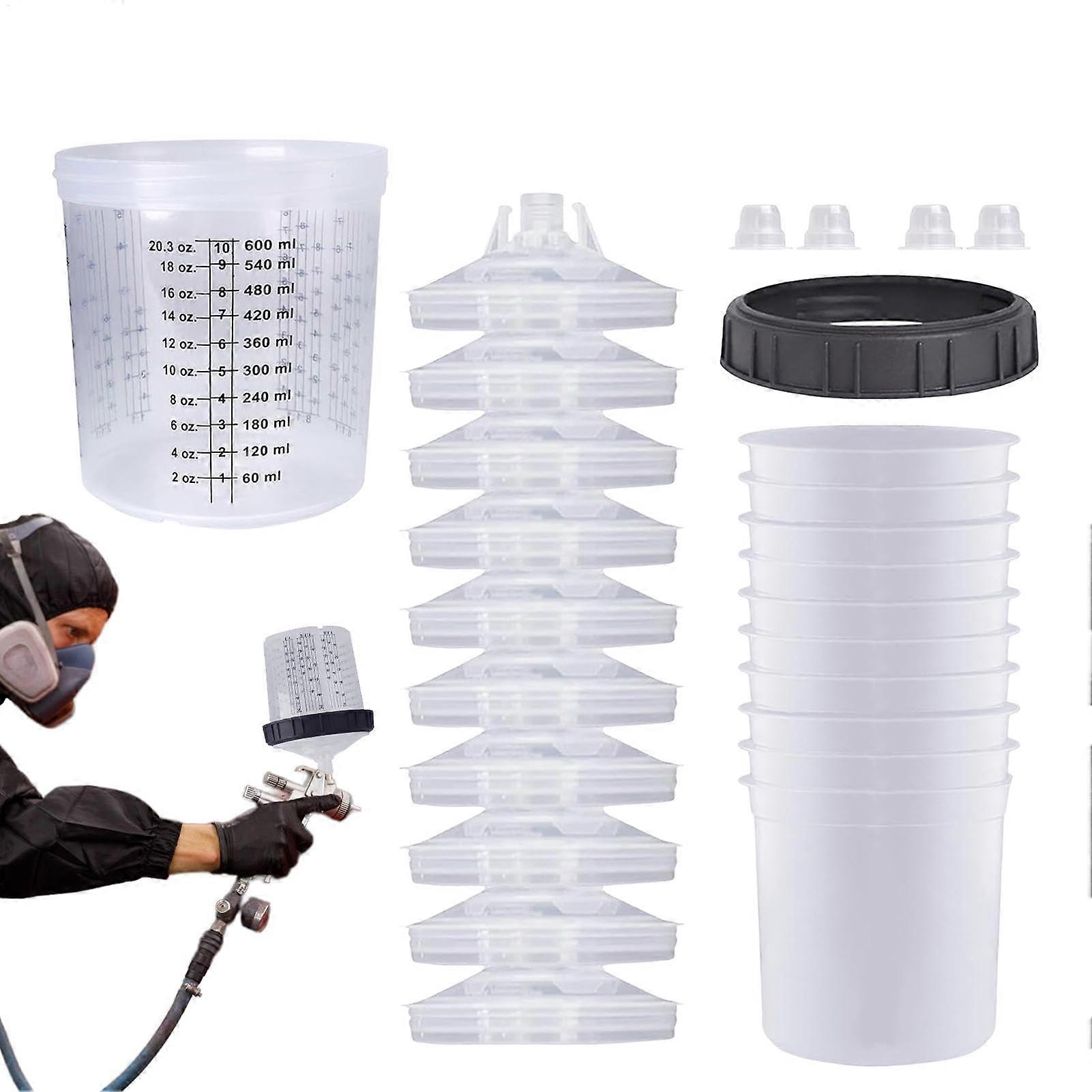 Paint Cups 600 Ml - Pack of 10 Paint Spray Cups with Clear Measuring Scale and Lid for Automotive Painting