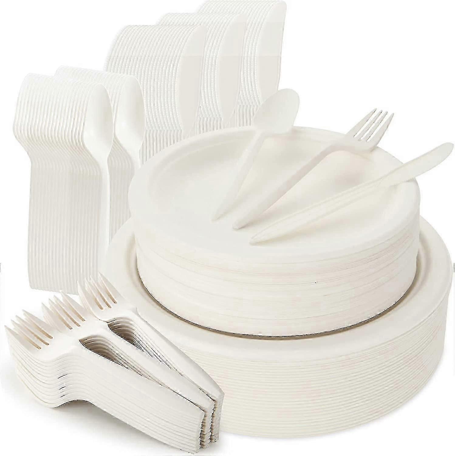 250pcs pratos descartáveis e conjunto de talheres, Kit de louça de bagaço compostável inclui 7 polegadas & 9 polegadas placas de papel, compatíveis, facas e colheres Com
