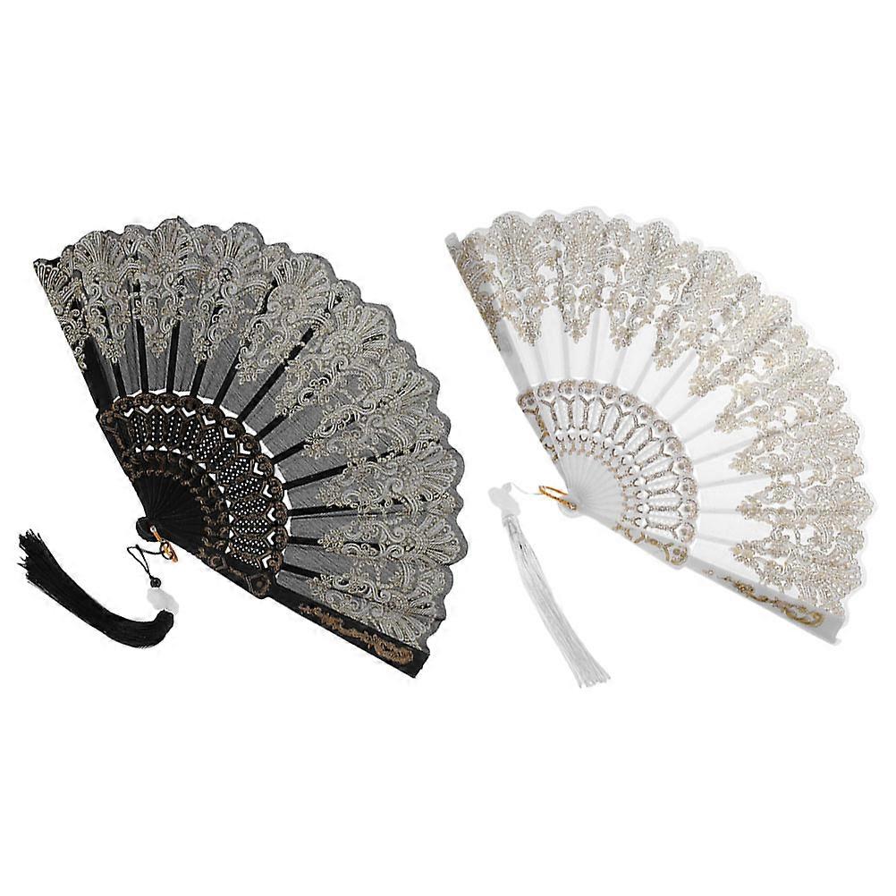 2Pcs Elegant Embroidered Folding Hand Fan with Tassel for Home Use Assorted Color