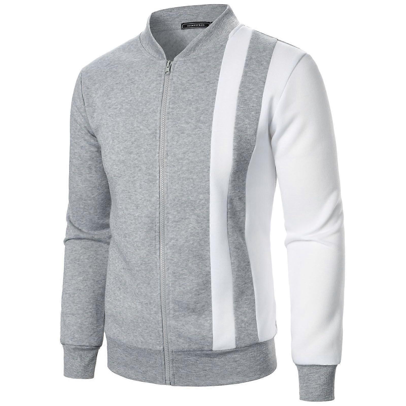 Men's ZipUp Sweatshirt with Stand Collar Color Block Pullover Casual Jacket Cardigan with Pockets Classic Winter Transition Coat Gray S