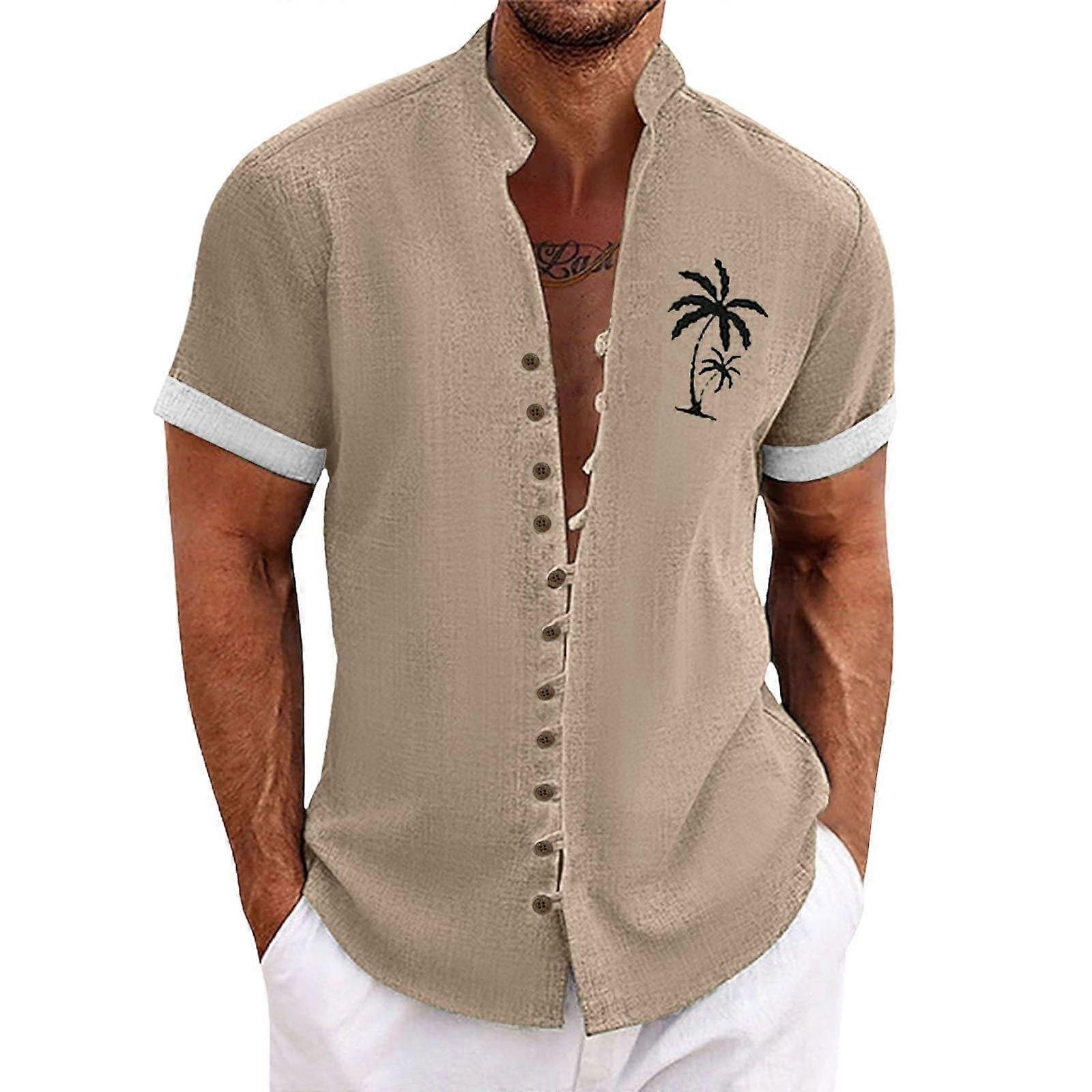 Linen Shirt Men Short Sleeve Button-Down Cotton-Linen Blend Size Large