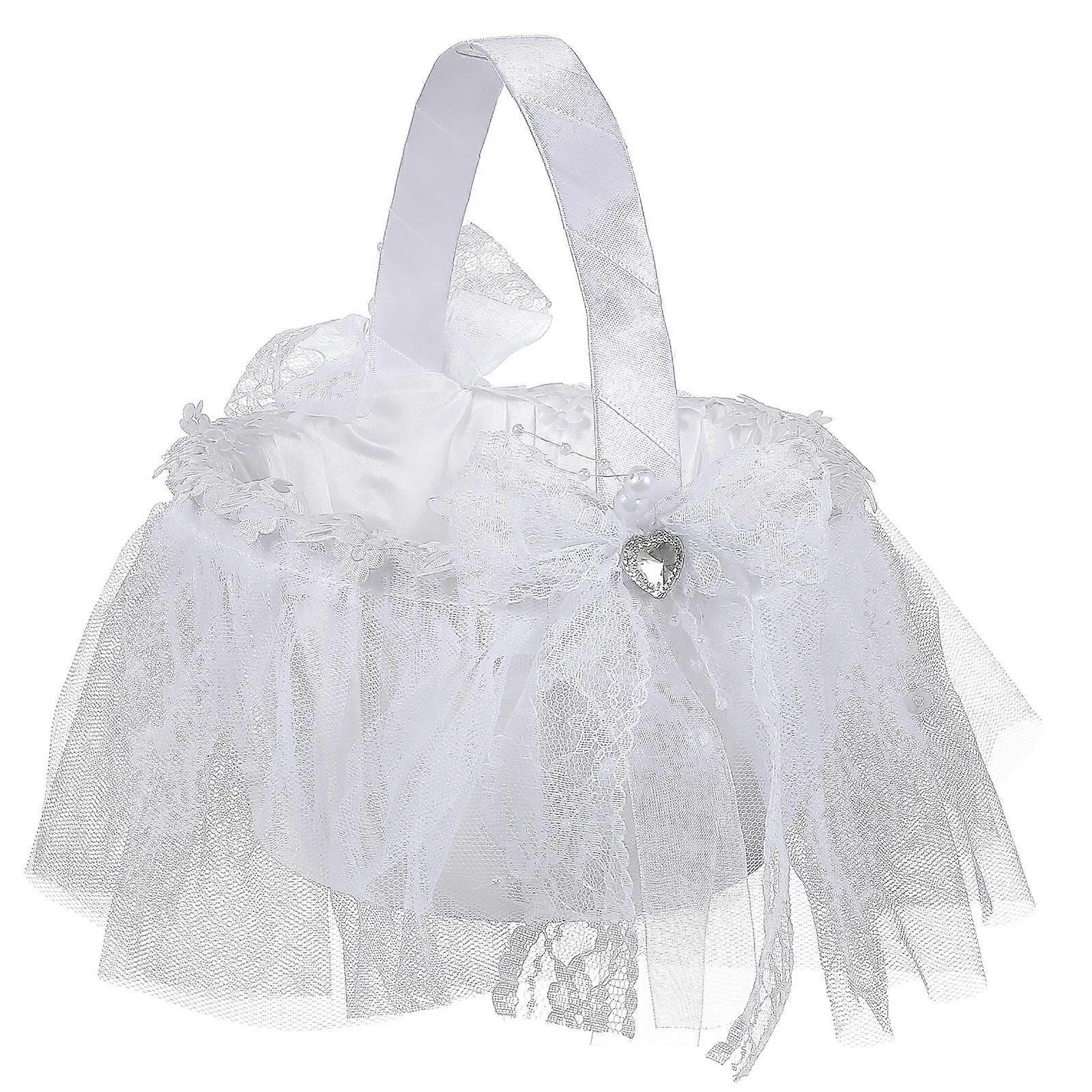 結婚式の花の小さな白いバスケット、ブライダルパーティー用ハンドル付き、バラの花びらを保持1パック