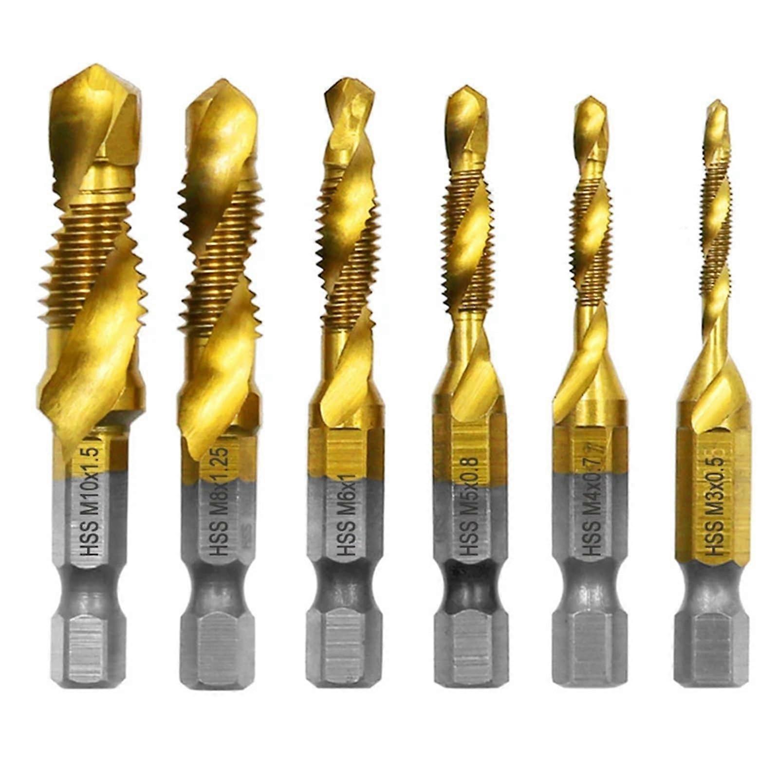 High-Speed Steel M3-M10 Titanium-Coated Threading Drill Set With Hex Shank, 6 Pieces, Integrated Chamfer Tool And Tap