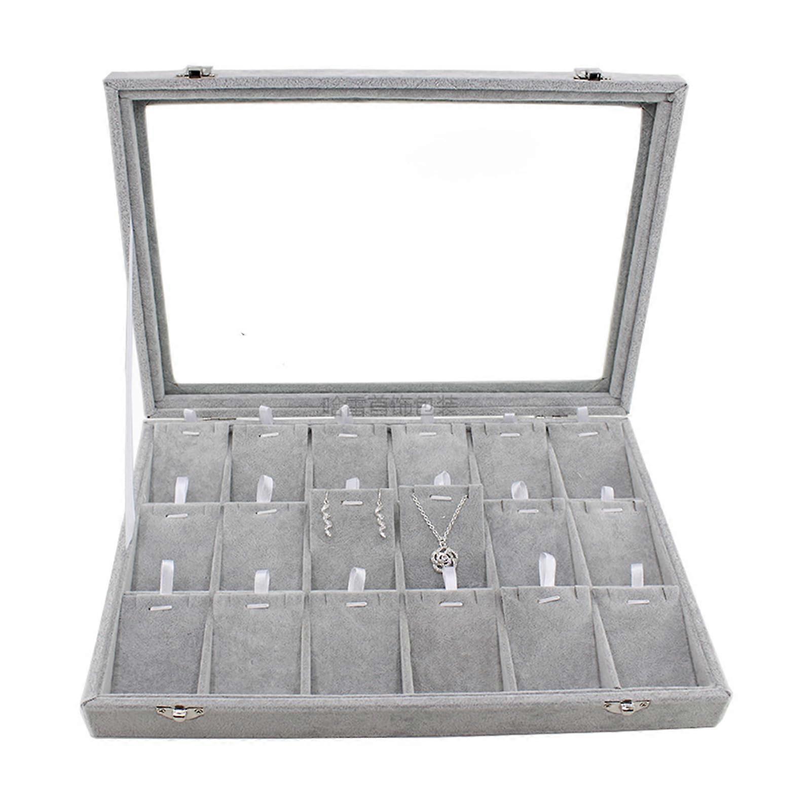 Practical plush jewelry storage box with glass lid, soft inner lining for rings, necklaces, and earrings, large ice flower 18.