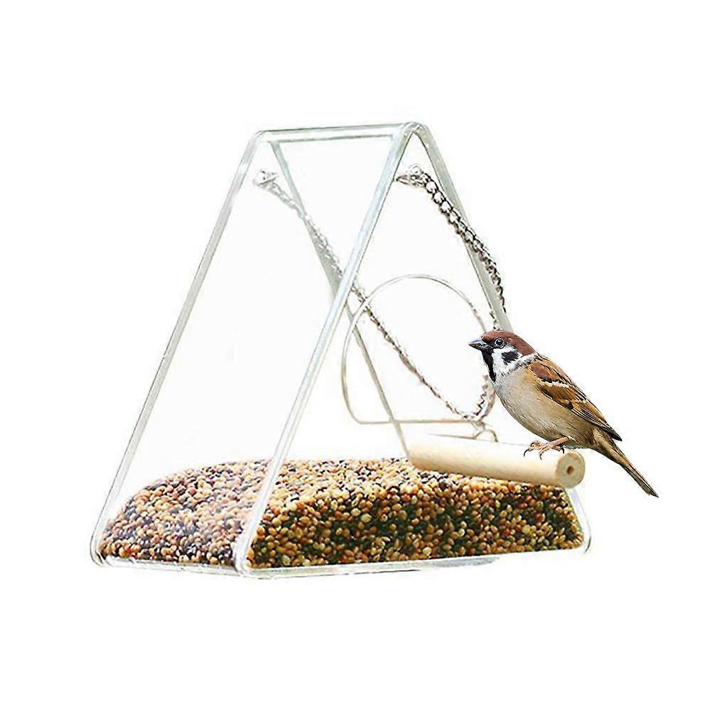 Semi-closed, triangular bird feeder, transparent