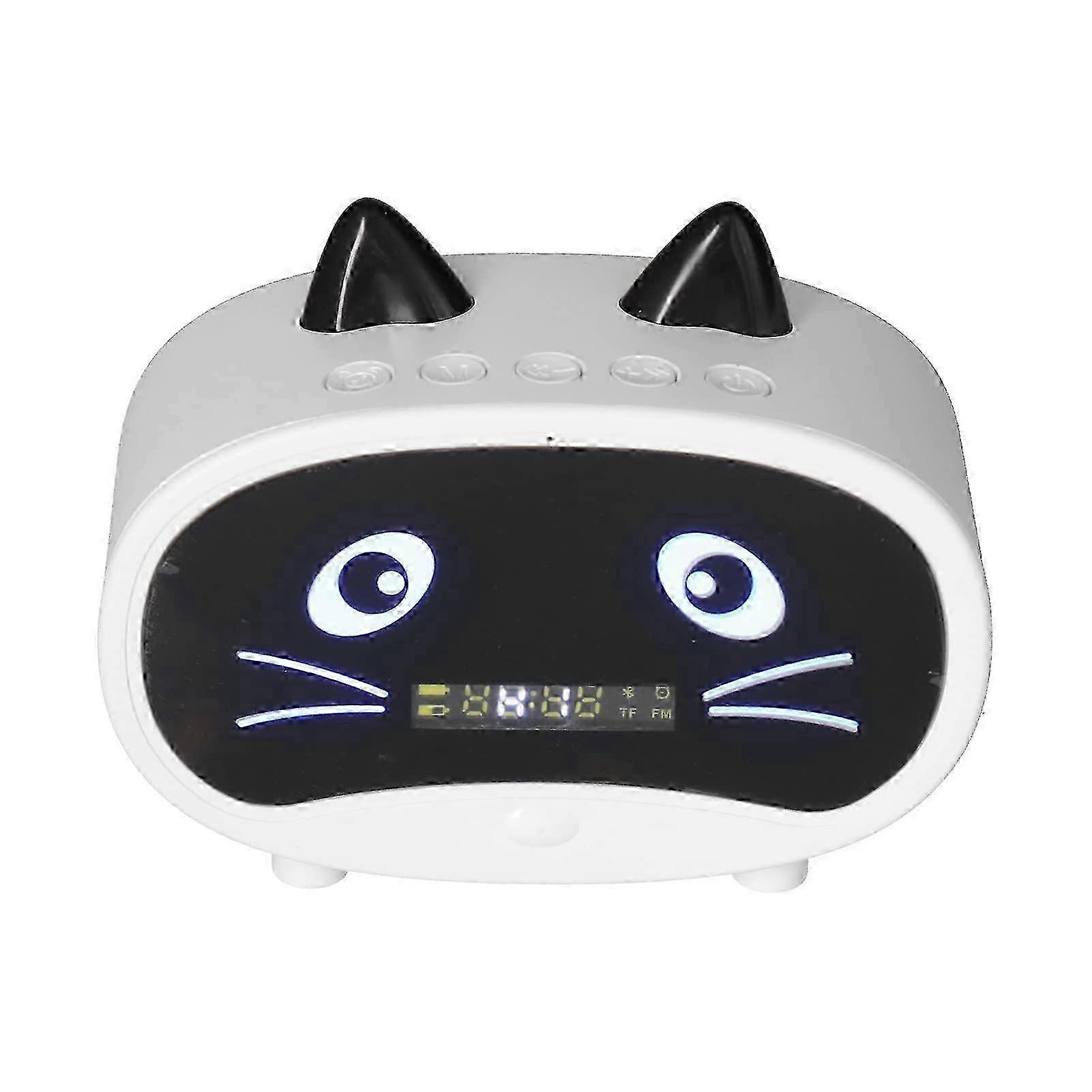 Multifunctional Wireless Alarm Clock with Bluetooth Speaker, Cat Shape, Temperature Display, FM Radio, USB Charging Port for Bedroom, White