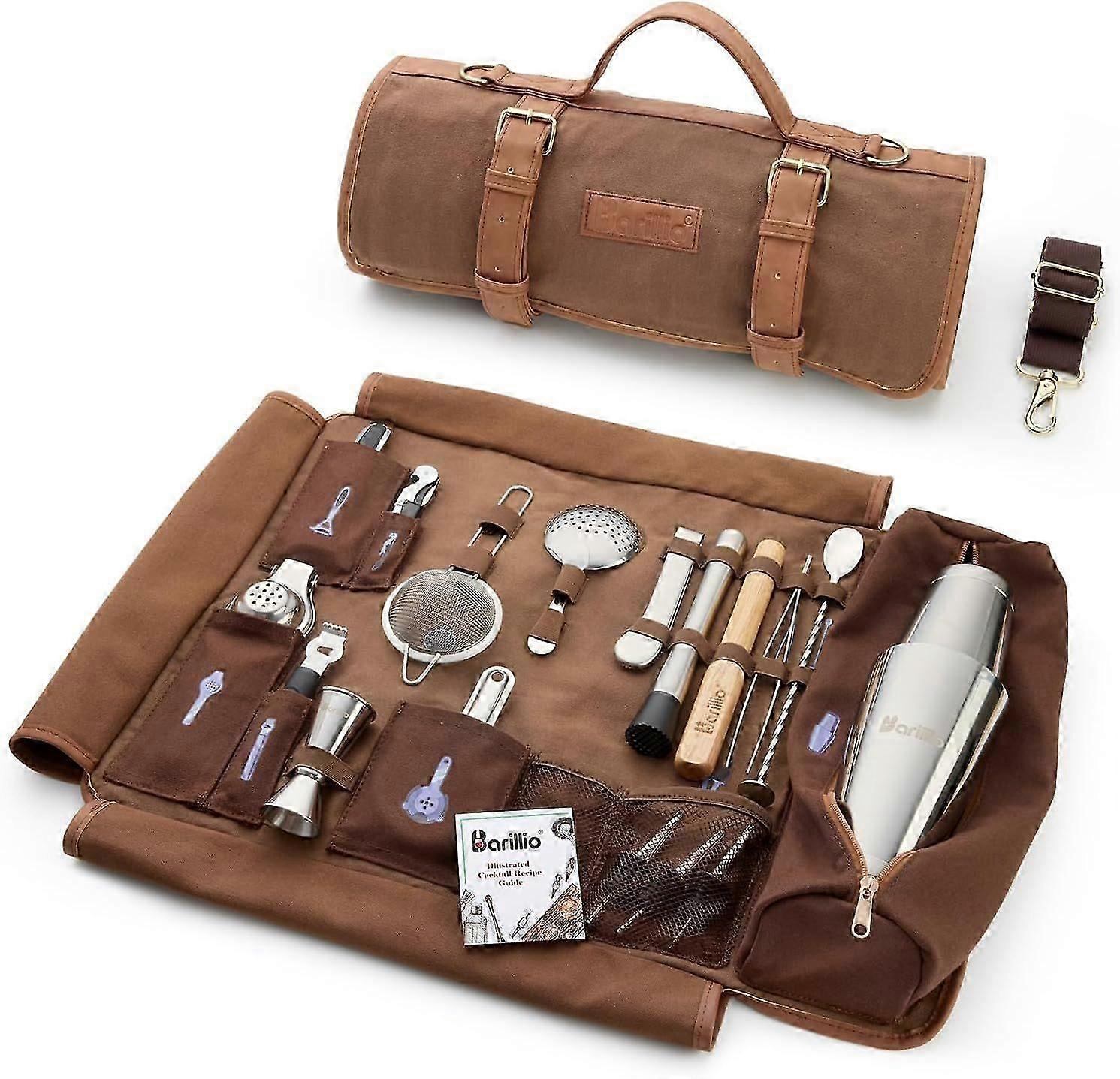 Bartender Kit Bag with Cocktail Shaker Set - Waxed Canvas Travel Bar Tools Bag & 17-Piece Mixology Kit - Mobile Bartending Kits