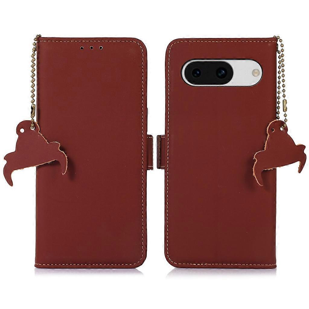 For Google Pixel 8a Case Genuine Cow Leather RFID Blocking Phone Cover - Coffee