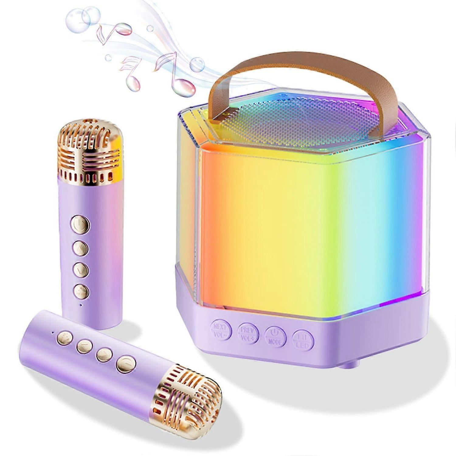 Mini Karaoke Machine for Kids Adults, Portable Bluetooth Speaker with 2 Wireless Microphones, Karaoke Speaker Set with LED Light(Purple)