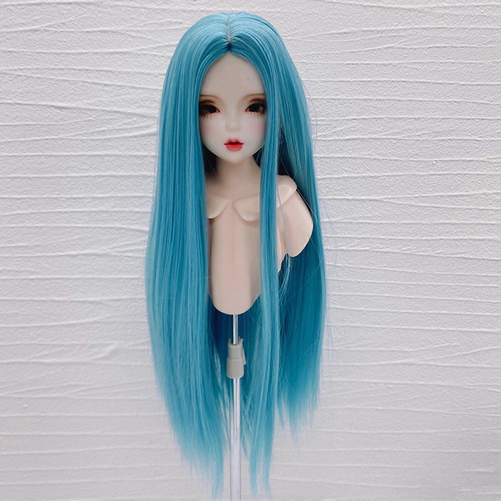 Puppenperücke weich hitzebeständig lang glatt hellgraublau