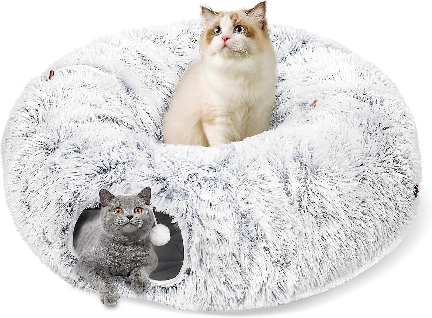 Plush Cat Tunnel Bed for Indoor Cats, Peekaboo Cat Cave with Washable Soft Play Mat, Furry Cat Tube, for Kitten/Puppy/Rabbit