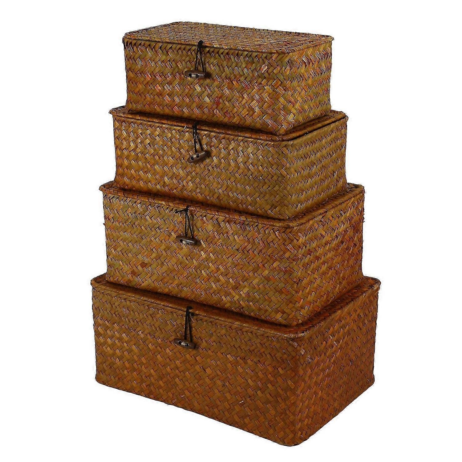 Seagrass Storage Baskets with Lids, Woven Bins, for Shelf, Set of 4