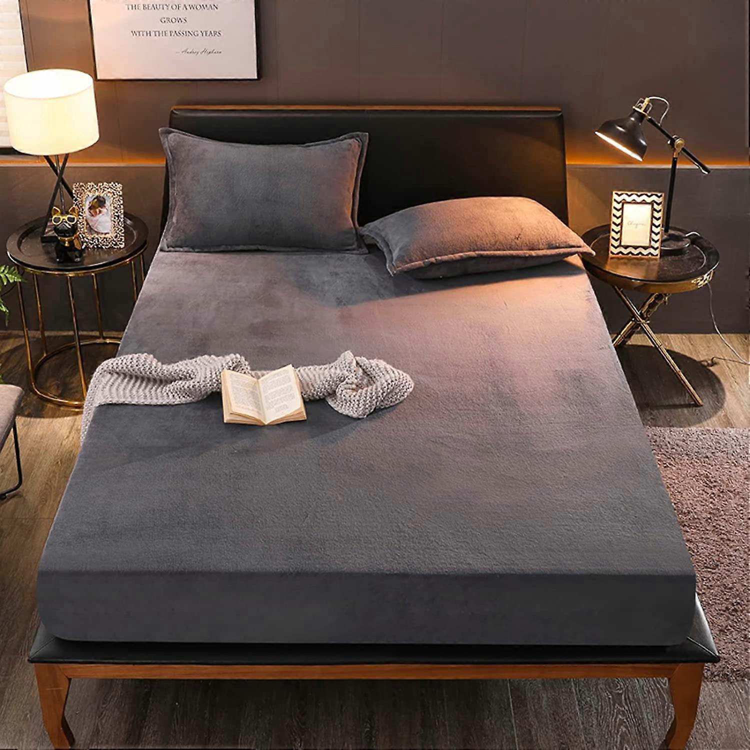 Flannel Fitted Sheet King Size,Velvet Fitted Sheet Plush Shaggy Ultra Soft Fuzzy Sheet with 15''Deep Pocket,Dark Gray,1 Pack(Not Include Pillowcases)