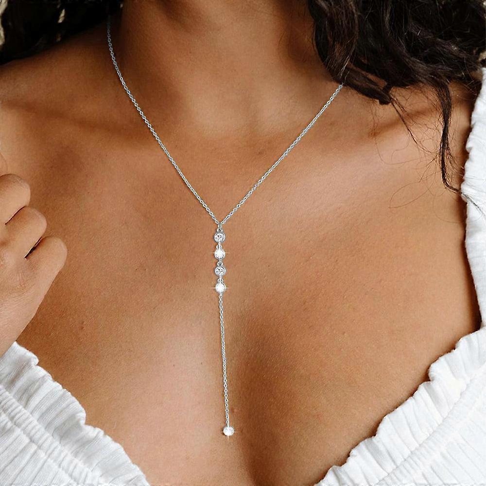 Damsmycken mode retro diamant Y-format halsband långt geometriskt strasshänge tofshalsband silver